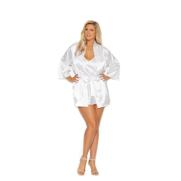 🆕🤍 Plus Size White Charmeuse Kimono Robe Sexy Lingerie - Picture 2 of 6